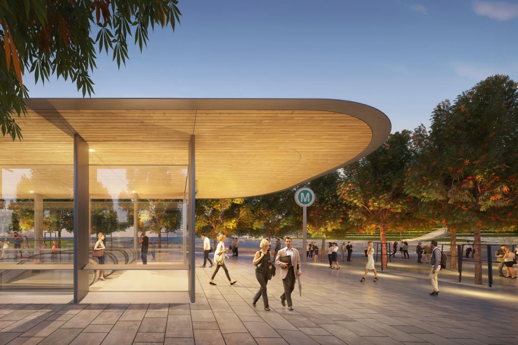 Artist’s impression of Barangaroo station entrance at night. 